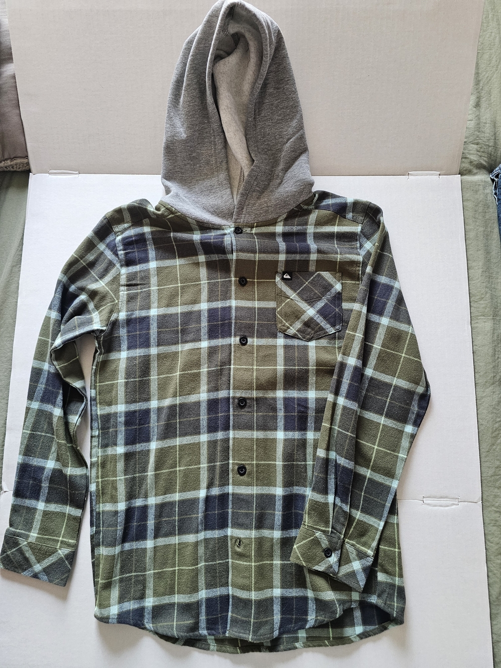 Quiksilver Olive and Gray Plaid Hooded Shirt Jacket